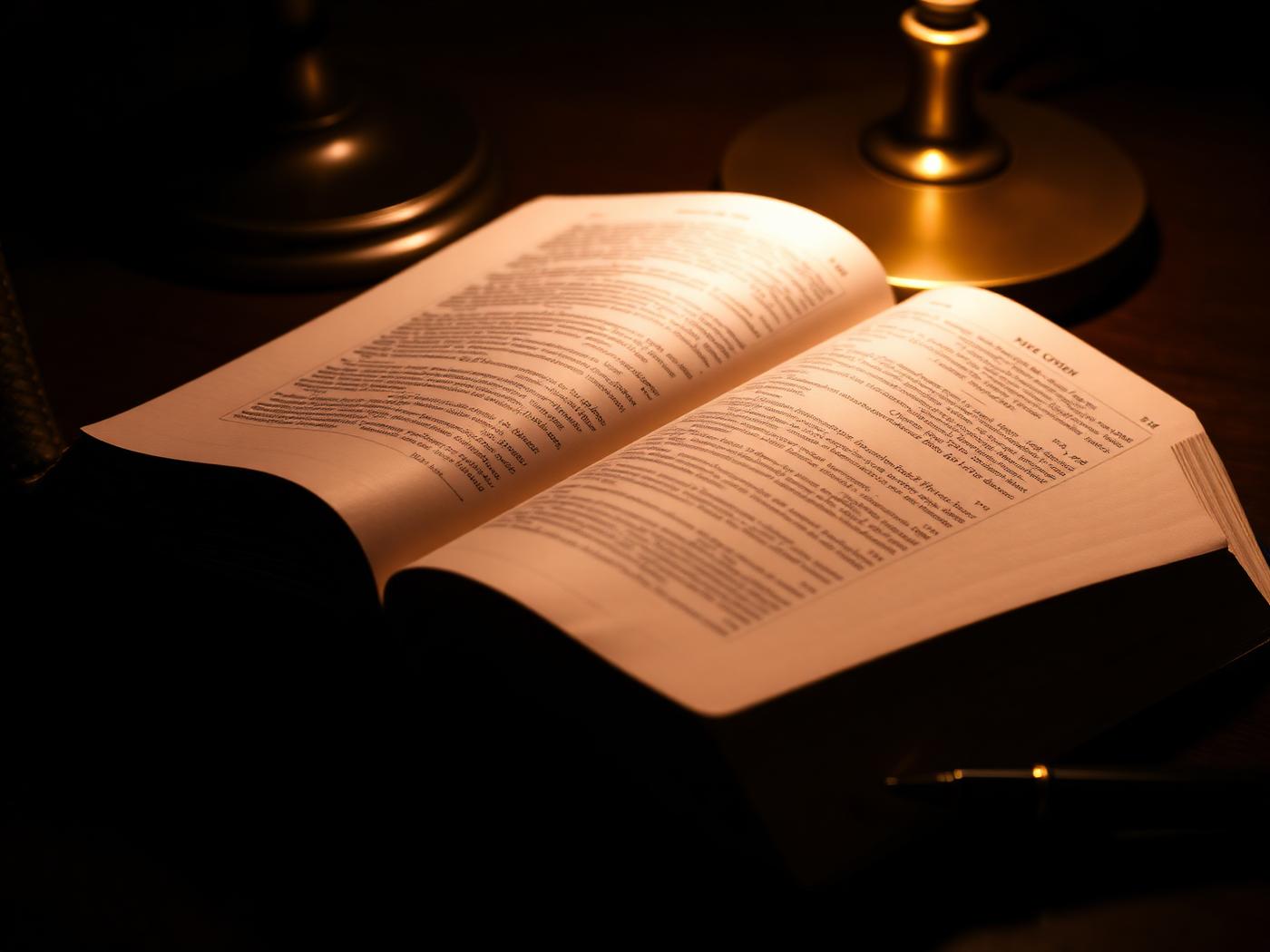 Open theological book by lamplight